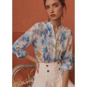 Ruby Rd Women's Petites Floral Pearl Button 3/4 Roll‑Tab Sleeve Top Size S